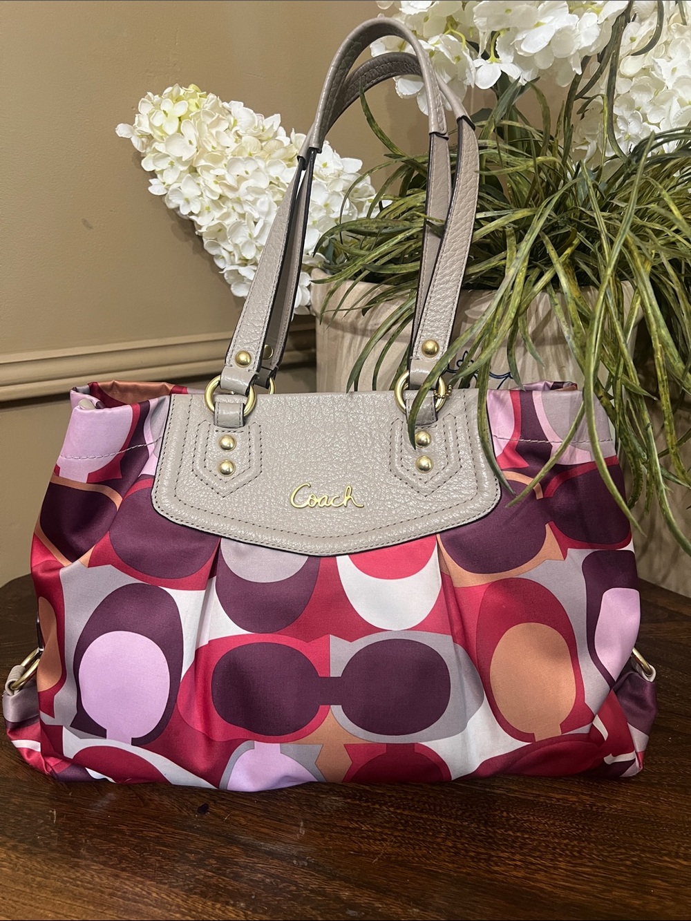 Coach Ashley Scarf Satchel Multicolor Circle Print with Taupe Leather Trim